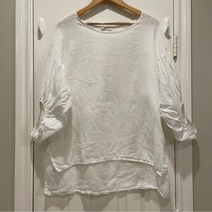 BELLAMBRA Women Large Linen Top Tunic White Balloon Sleeve Made in Italy Coastal